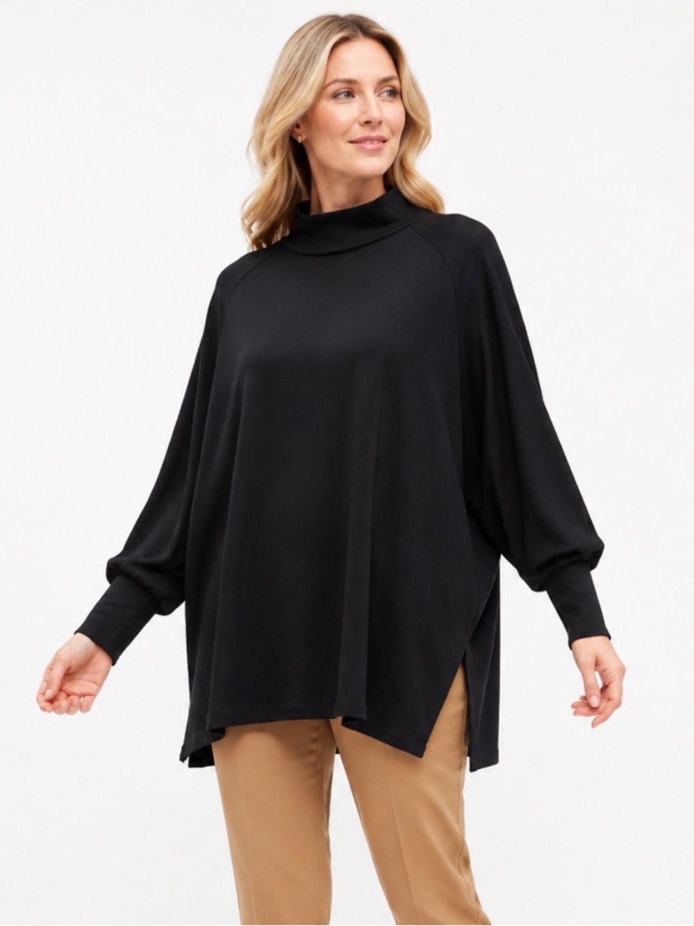 Eileen Fisher Black Oversized Knit Tunic Pullover Side Slits L Quiet Luxury